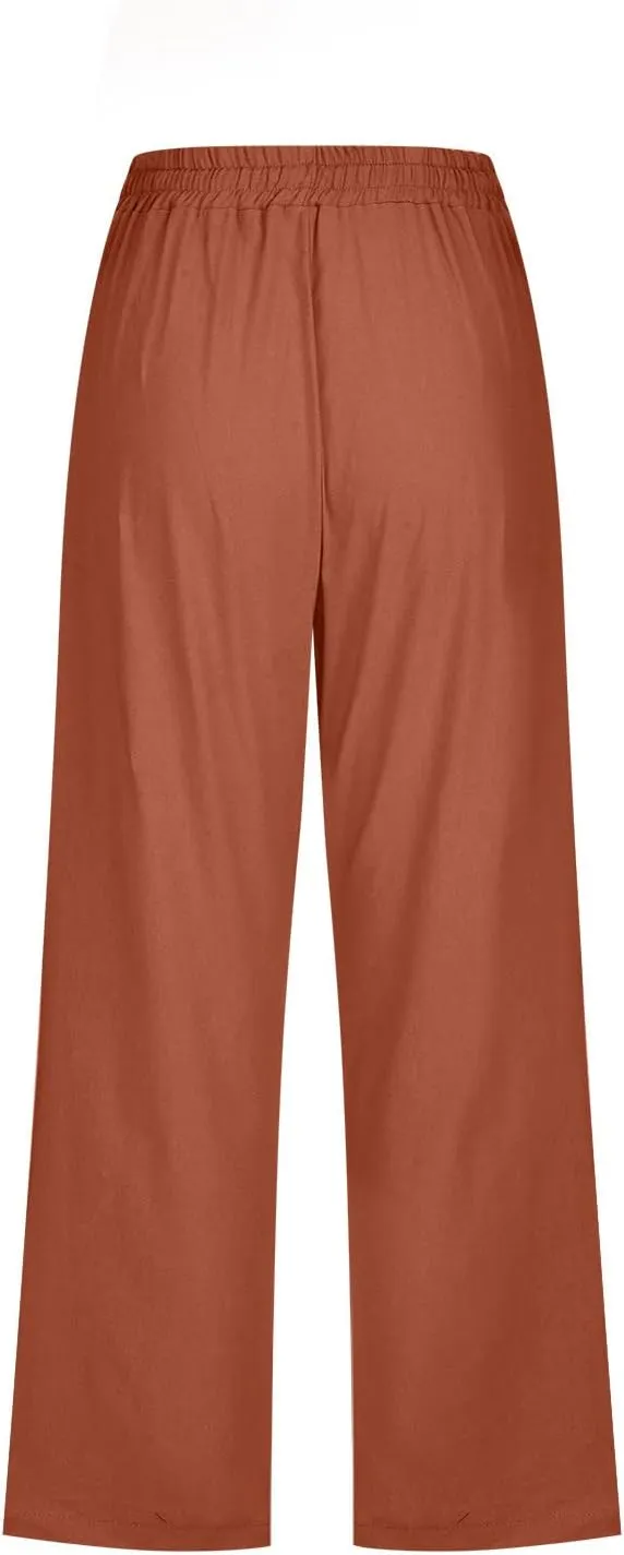 Capri Pants for Women Linen Summer Pants Plus Size Elastic Waist Pants Straight Leg Lounge Pants Casual Beach Pants