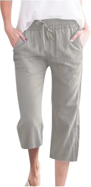 Capri Pants for Women Linen Summer Pants Plus Size Elastic Waist Pants Straight Leg Lounge Pants Casual Beach Pants