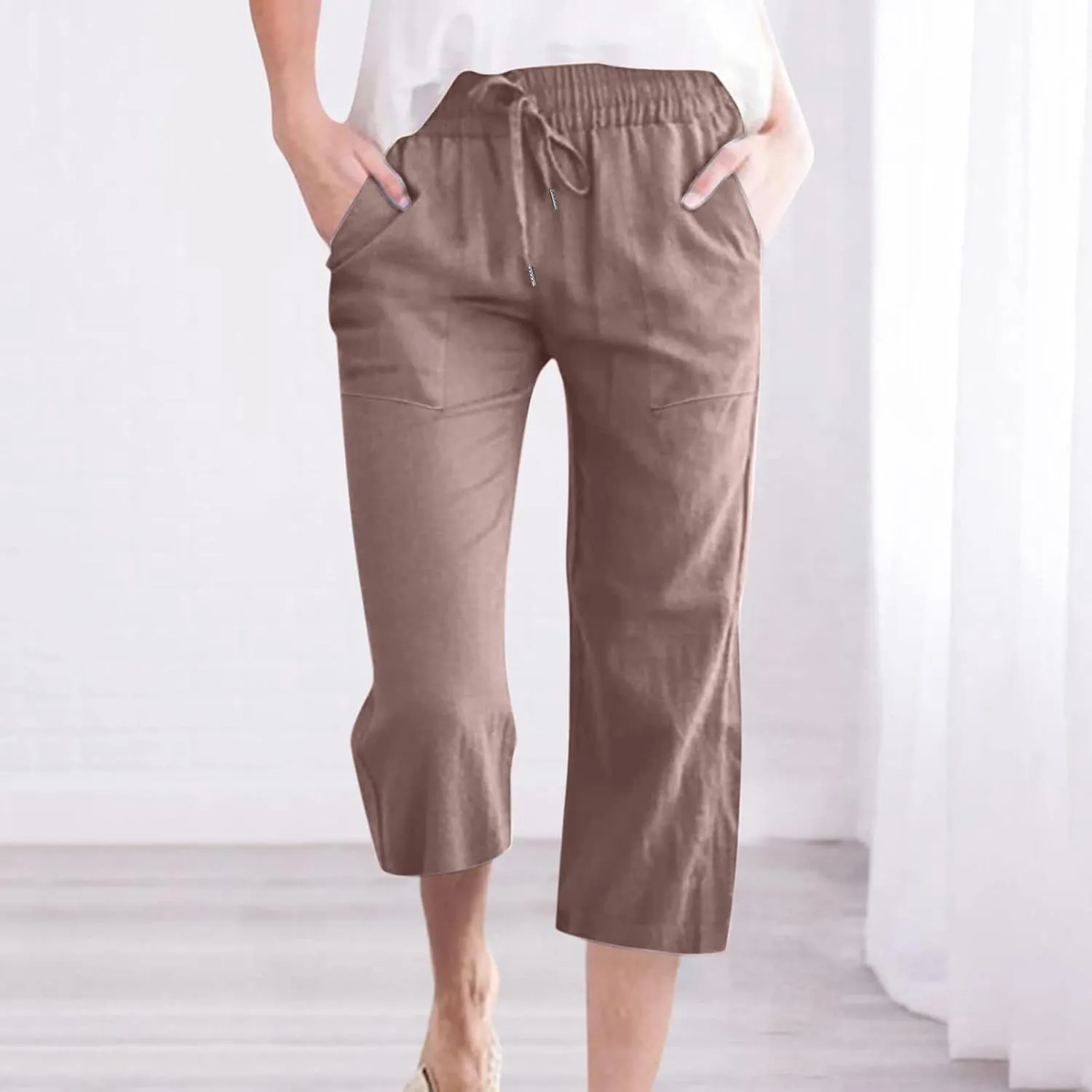 Capri Pants for Women Linen Summer Pants Plus Size Elastic Waist Pants Straight Leg Lounge Pants Casual Beach Pants