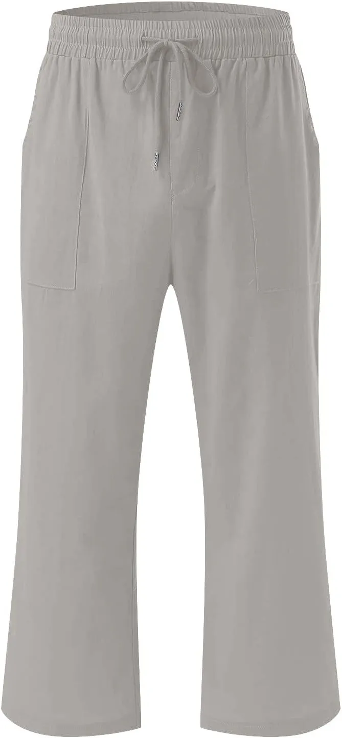 Capri Pants for Women Linen Summer Pants Plus Size Elastic Waist Pants Straight Leg Lounge Pants Casual Beach Pants