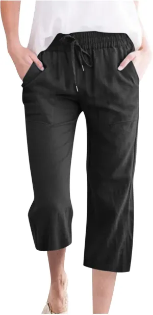 Capri Pants for Women Linen Summer Pants Plus Size Elastic Waist Pants Straight Leg Lounge Pants Casual Beach Pants