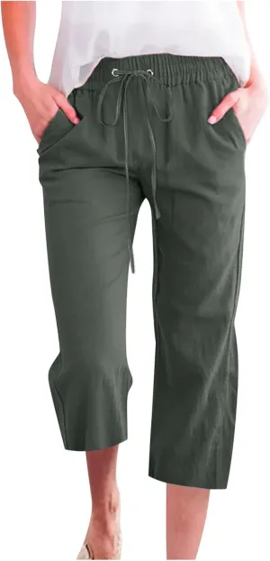 Capri Pants for Women Linen Summer Pants Plus Size Elastic Waist Pants Straight Leg Lounge Pants Casual Beach Pants