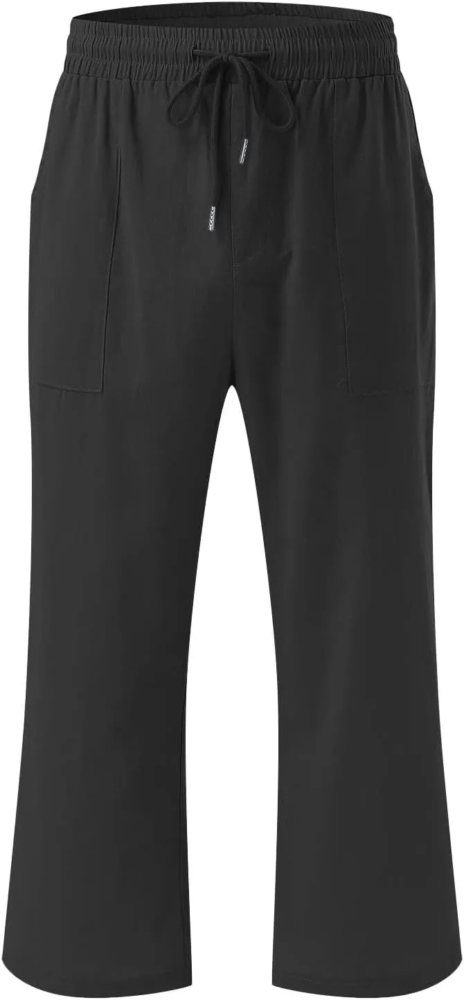 Capri Pants for Women Linen Summer Pants Plus Size Elastic Waist Pants Straight Leg Lounge Pants Casual Beach Pants