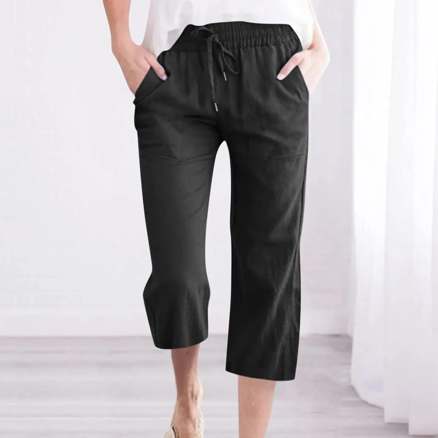 Capri Pants for Women Linen Summer Pants Plus Size Elastic Waist Pants Straight Leg Lounge Pants Casual Beach Pants
