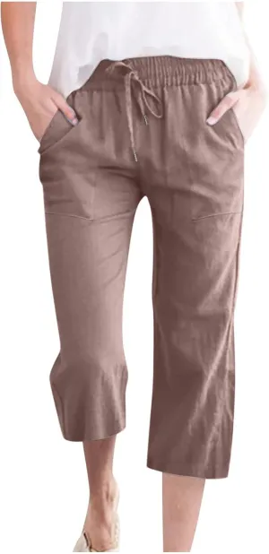 Capri Pants for Women Linen Summer Pants Plus Size Elastic Waist Pants Straight Leg Lounge Pants Casual Beach Pants