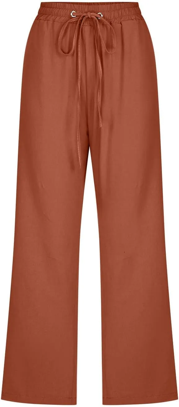 Capri Pants for Women Linen Summer Pants Plus Size Elastic Waist Pants Straight Leg Lounge Pants Casual Beach Pants