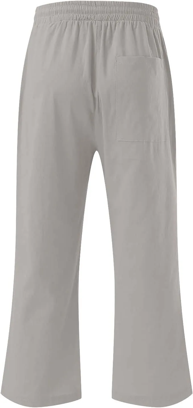 Capri Pants for Women Linen Summer Pants Plus Size Elastic Waist Pants Straight Leg Lounge Pants Casual Beach Pants