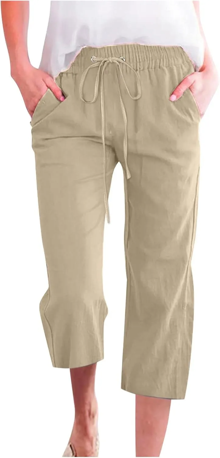 Capri Pants for Women Linen Summer Pants Plus Size Elastic Waist Pants Straight Leg Lounge Pants Casual Beach Pants