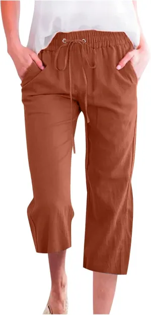 Capri Pants for Women Linen Summer Pants Plus Size Elastic Waist Pants Straight Leg Lounge Pants Casual Beach Pants