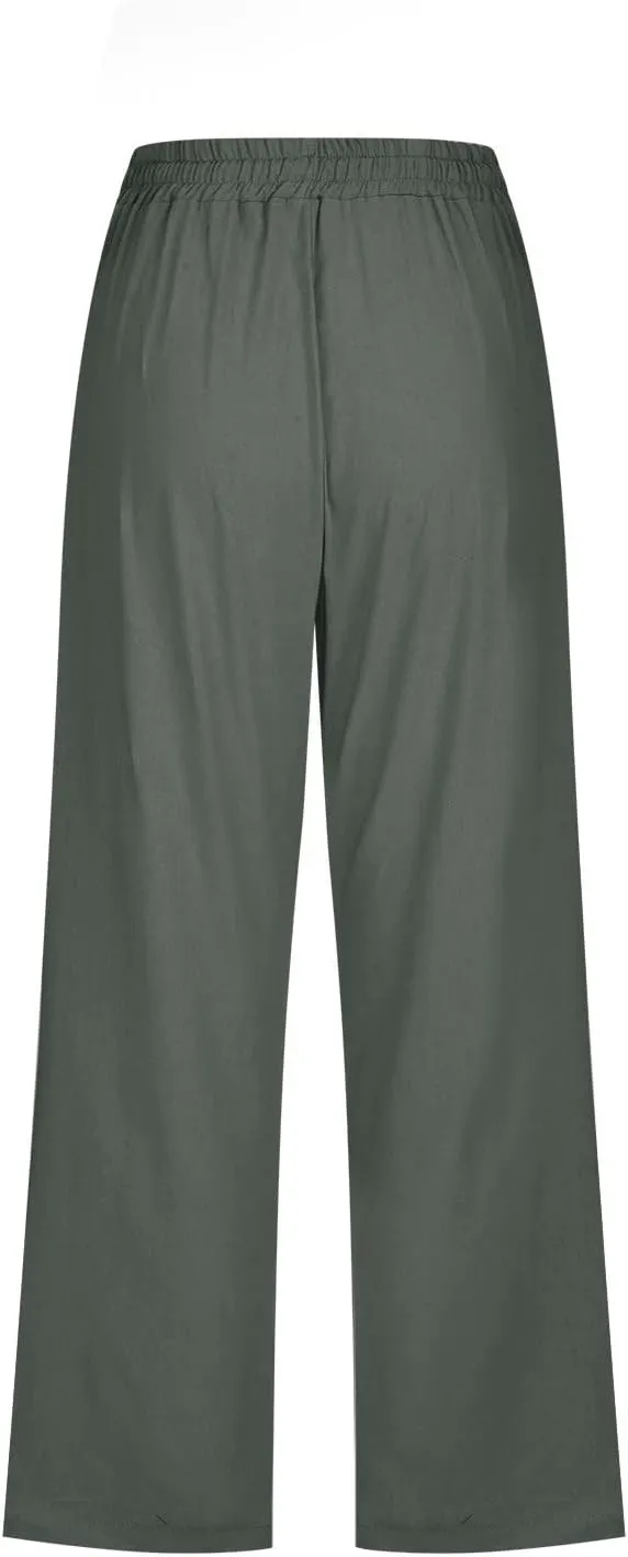Capri Pants for Women Linen Summer Pants Plus Size Elastic Waist Pants Straight Leg Lounge Pants Casual Beach Pants