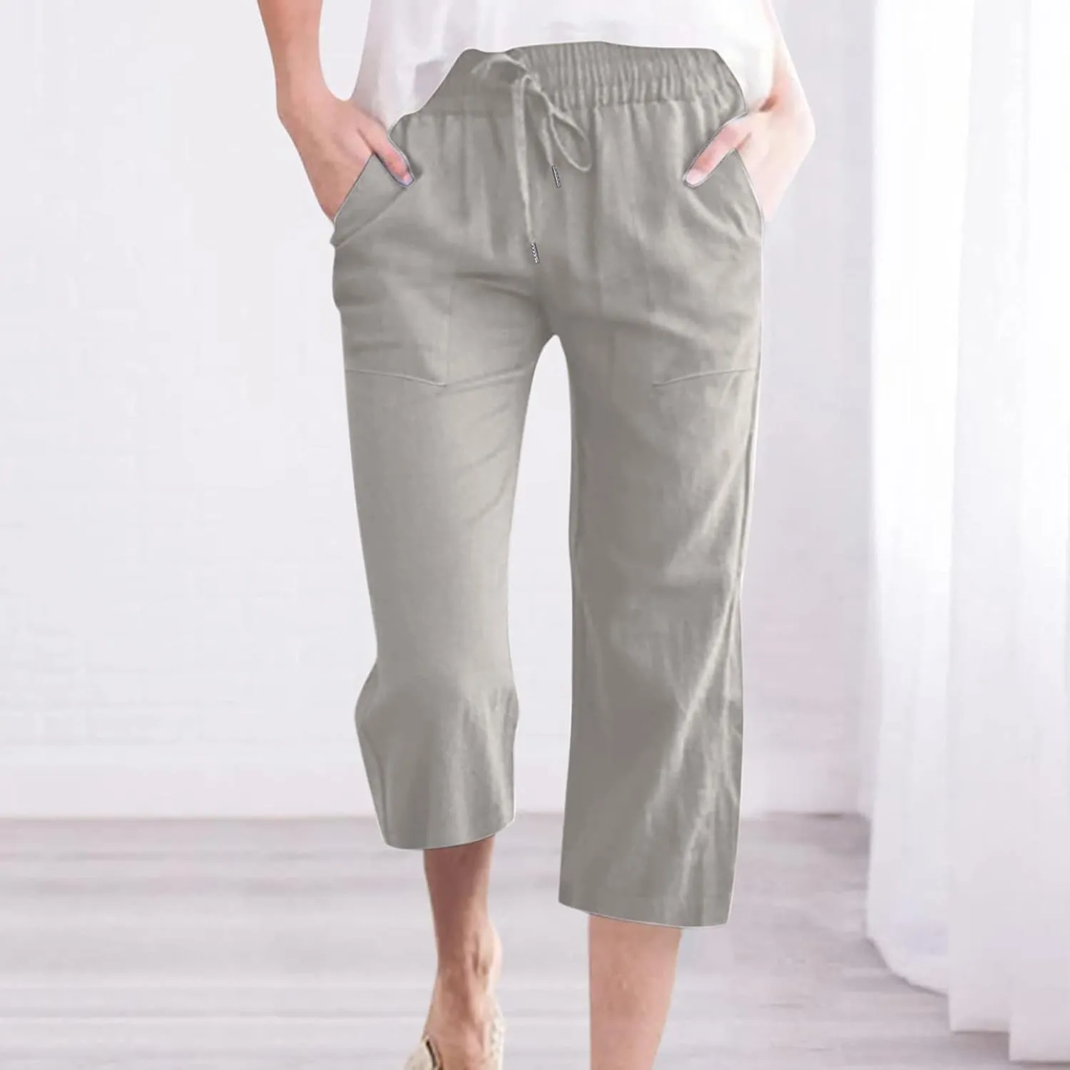 Capri Pants for Women Linen Summer Pants Plus Size Elastic Waist Pants Straight Leg Lounge Pants Casual Beach Pants