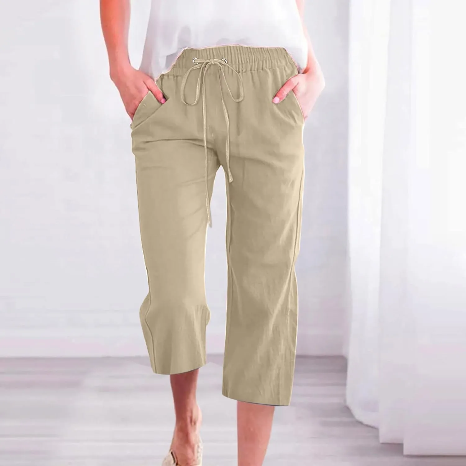 Capri Pants for Women Linen Summer Pants Plus Size Elastic Waist Pants Straight Leg Lounge Pants Casual Beach Pants