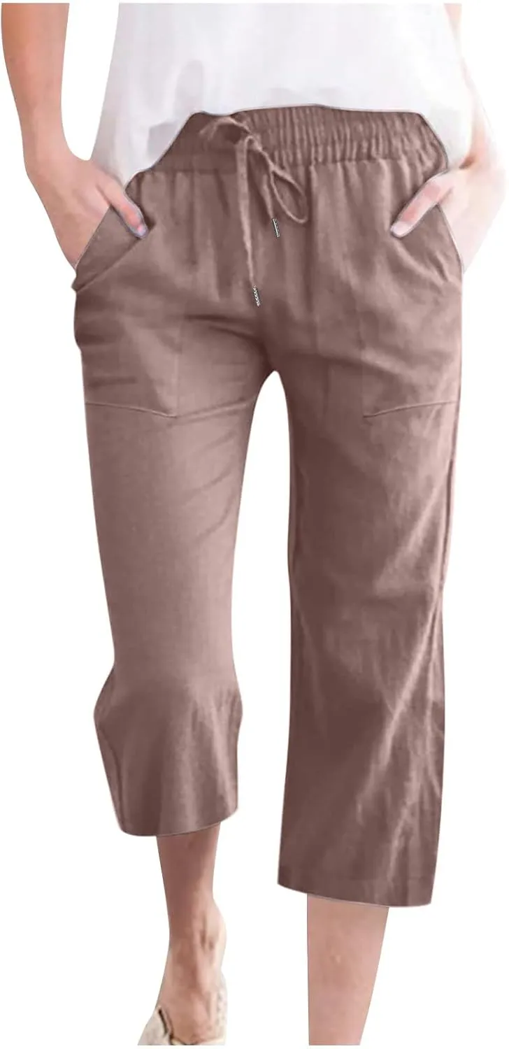 Capri Pants for Women Linen Summer Pants Plus Size Elastic Waist Pants Straight Leg Lounge Pants Casual Beach Pants
