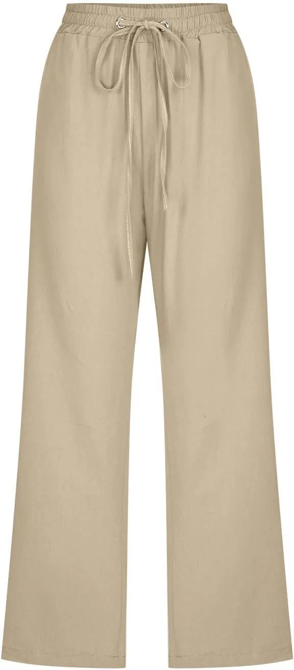 Capri Pants for Women Linen Summer Pants Plus Size Elastic Waist Pants Straight Leg Lounge Pants Casual Beach Pants