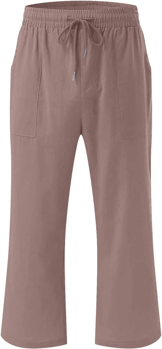 Capri Pants for Women Linen Summer Pants Plus Size Elastic Waist Pants Straight Leg Lounge Pants Casual Beach Pants