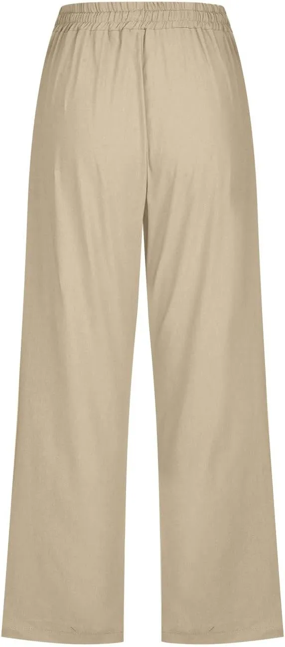 Capri Pants for Women Linen Summer Pants Plus Size Elastic Waist Pants Straight Leg Lounge Pants Casual Beach Pants