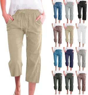 Capri Pants for Women Linen Summer Pants Plus Size Elastic Waist Pants Straight Leg Lounge Pants Casual Beach Pants