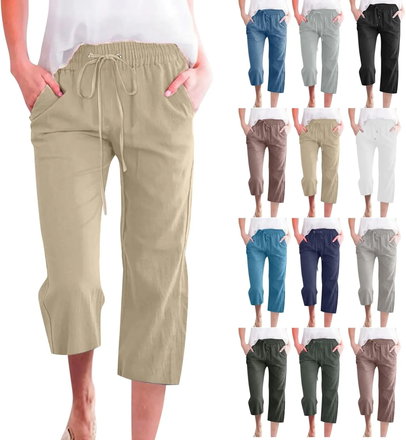 Capri Pants for Women Linen Summer Pants Plus Size Elastic Waist Pants Straight Leg Lounge Pants Casual Beach Pants