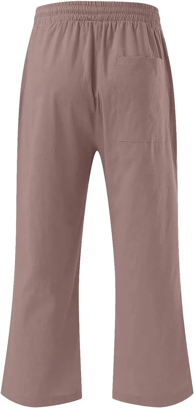 Capri Pants for Women Linen Summer Pants Plus Size Elastic Waist Pants Straight Leg Lounge Pants Casual Beach Pants