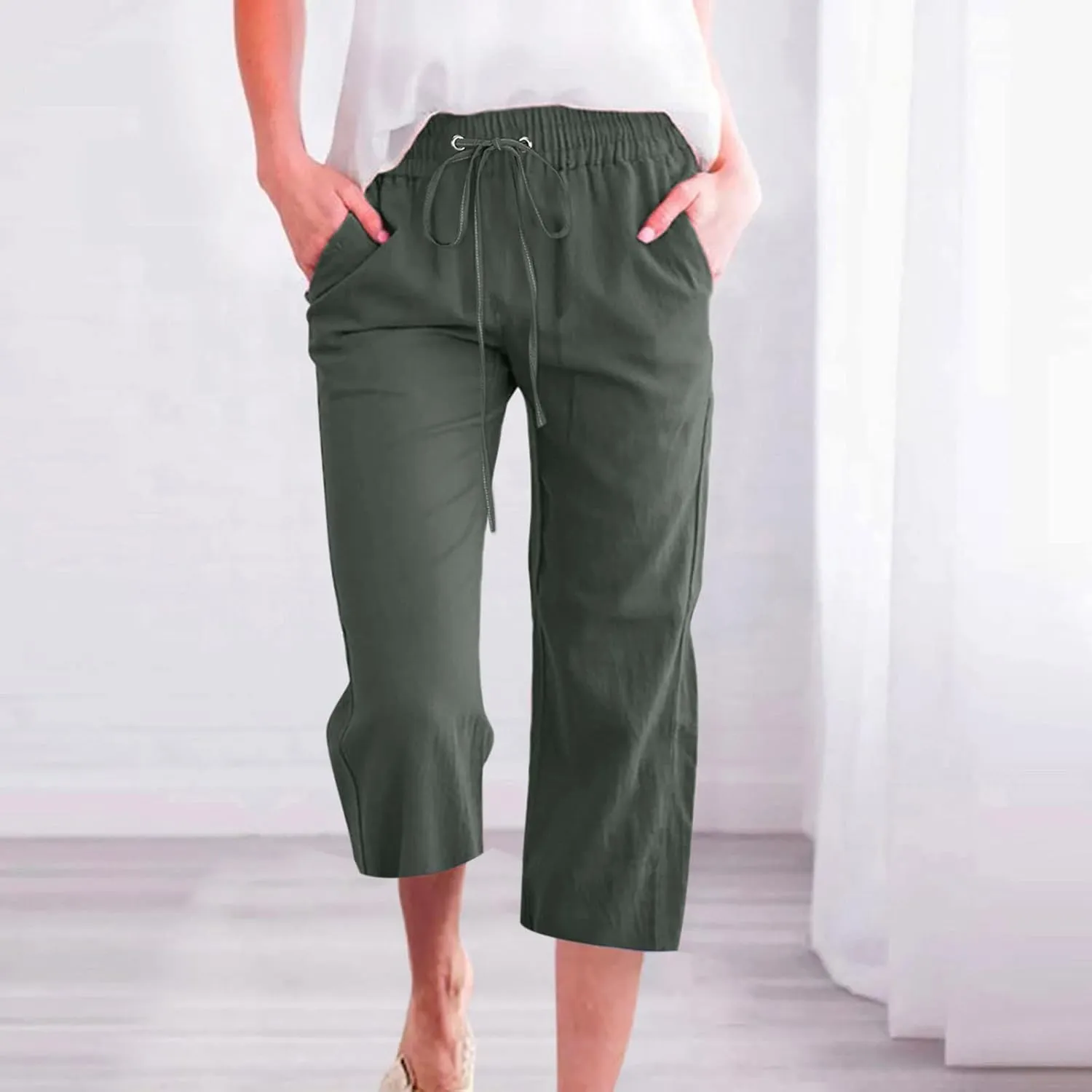 Capri Pants for Women Linen Summer Pants Plus Size Elastic Waist Pants Straight Leg Lounge Pants Casual Beach Pants