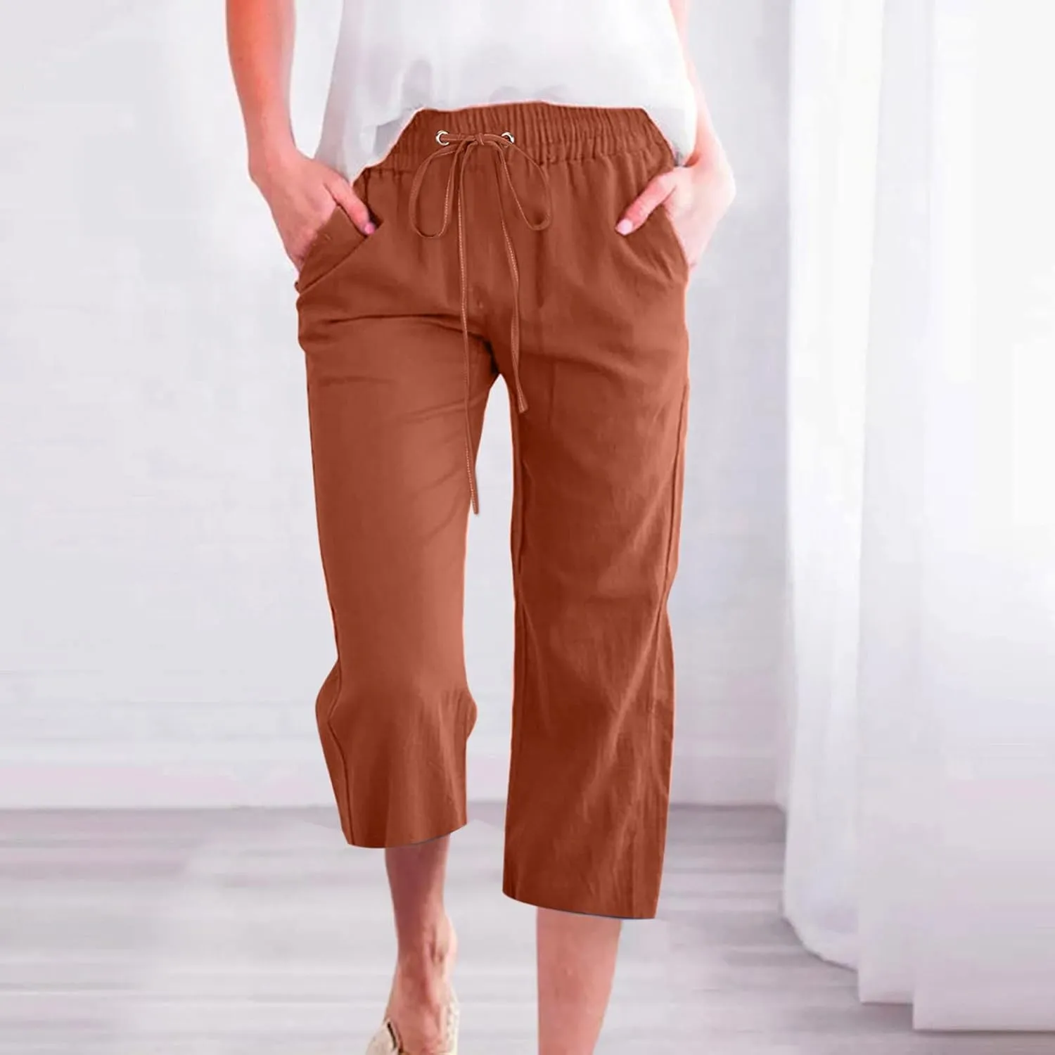 Capri Pants for Women Linen Summer Pants Plus Size Elastic Waist Pants Straight Leg Lounge Pants Casual Beach Pants