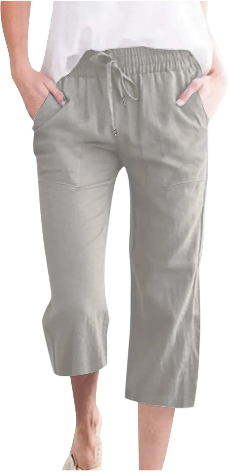 Capri Pants for Women Linen Summer Pants Plus Size Elastic Waist Pants Straight Leg Lounge Pants Casual Beach Pants