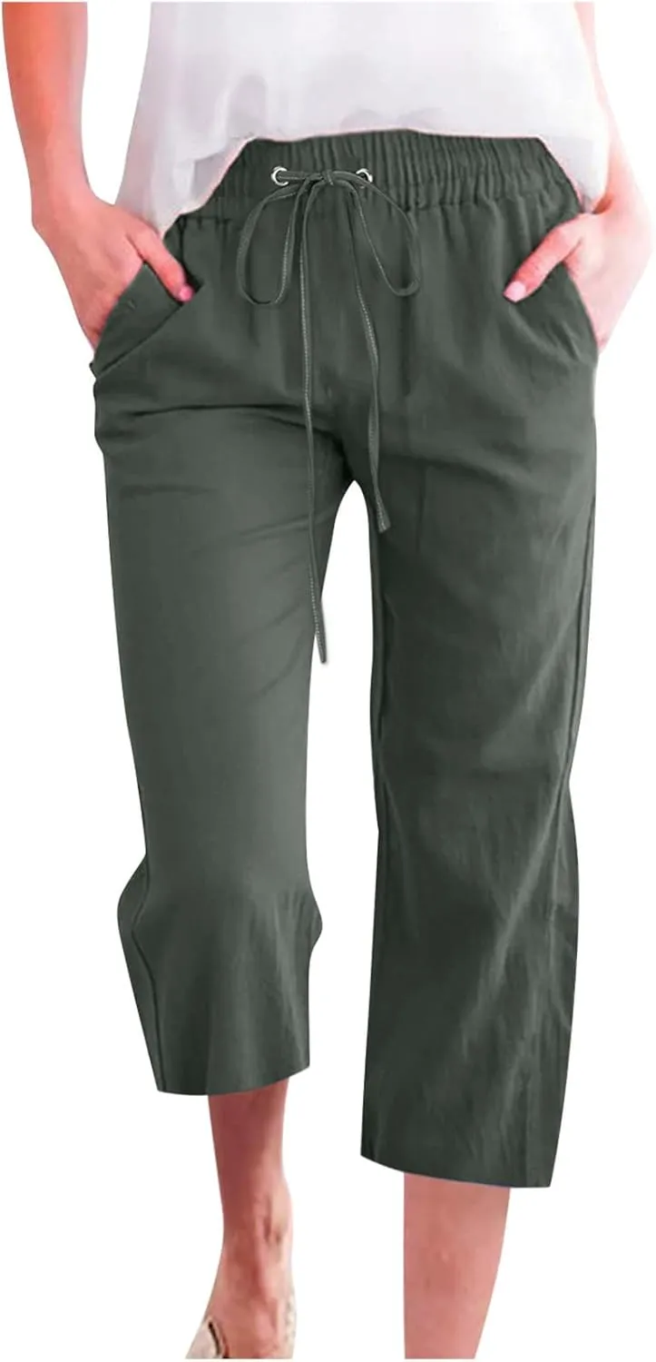 Capri Pants for Women Linen Summer Pants Plus Size Elastic Waist Pants Straight Leg Lounge Pants Casual Beach Pants