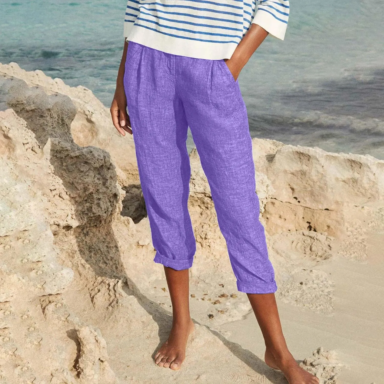 Capri Pants for Women Zipper Work Pants Casual Summer Pants Beach Cropped Pants with Pockets Solid Capri Pants Trendy