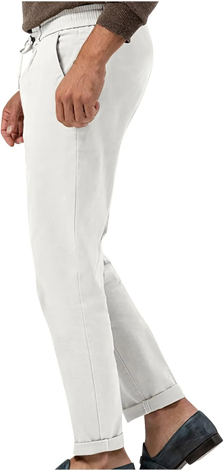 Casual Pants for Men Stretch Dress Pants Khaki Slim Fit Pants Solid Drawstring Waist Pants Golf Pants with Pockets