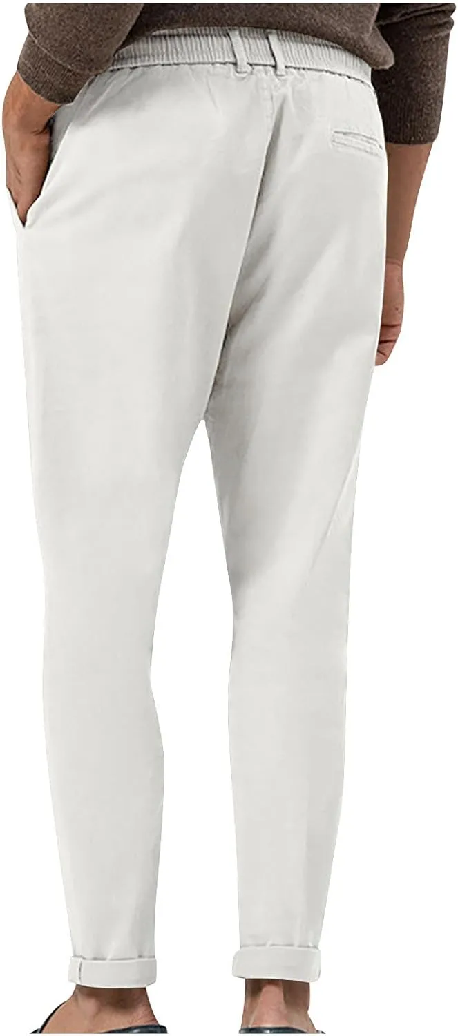 Casual Pants for Men Stretch Dress Pants Khaki Slim Fit Pants Solid Drawstring Waist Pants Golf Pants with Pockets