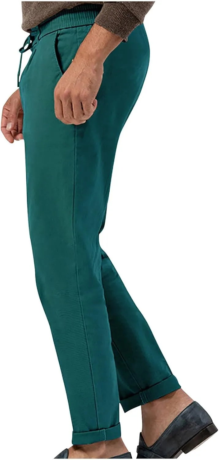 Casual Pants for Men Stretch Dress Pants Khaki Slim Fit Pants Solid Drawstring Waist Pants Golf Pants with Pockets