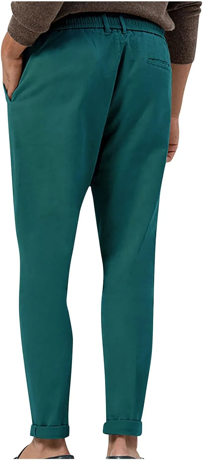 Casual Pants for Men Stretch Dress Pants Khaki Slim Fit Pants Solid Drawstring Waist Pants Golf Pants with Pockets