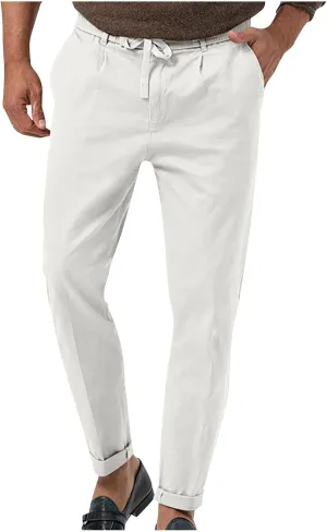 Casual Pants for Men Stretch Dress Pants Khaki Slim Fit Pants Solid Drawstring Waist Pants Golf Pants with Pockets
