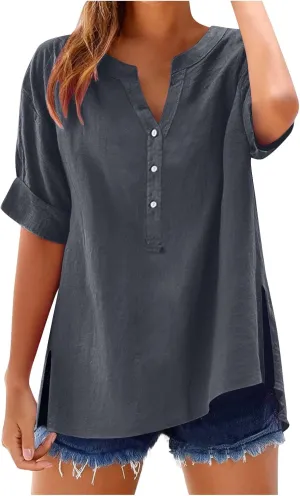 Cbcbtwo Womens Short Sleeve Linen Henley Tops 2025 V Neck Dressy Casual Loose Fit Shirts Summer Going Out Flowy Blouses