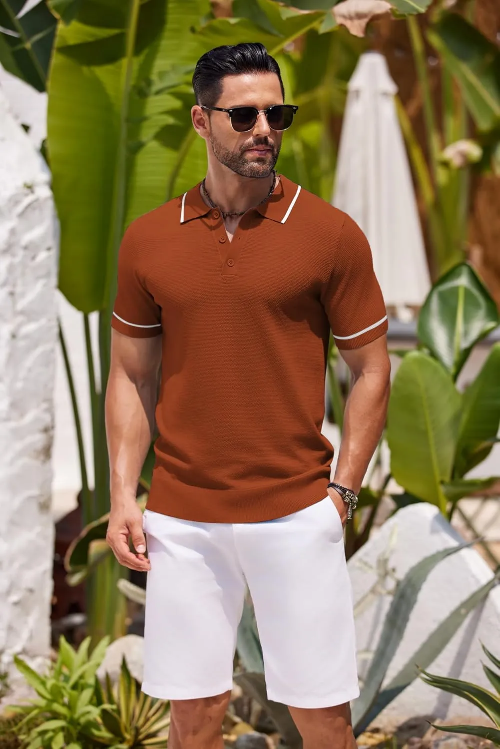 COOFANDY Men's Knit Polo Shirts Casual Short Sleeve Button Down Shirts Crochet Classic Golf Polo Collared Shirts
