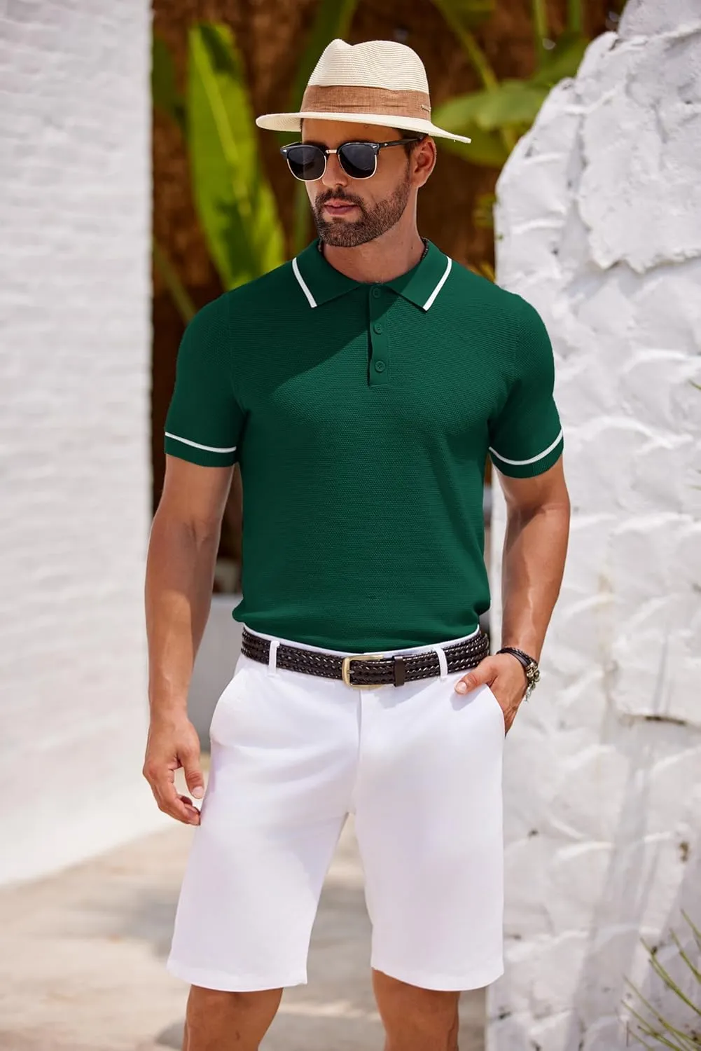 COOFANDY Men's Knit Polo Shirts Casual Short Sleeve Button Down Shirts Crochet Classic Golf Polo Collared Shirts