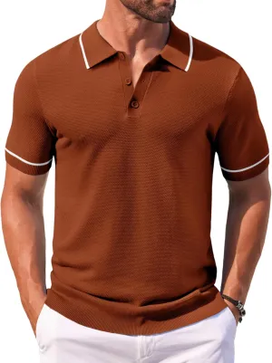 COOFANDY Men's Knit Polo Shirts Casual Short Sleeve Button Down Shirts Crochet Classic Golf Polo Collared Shirts