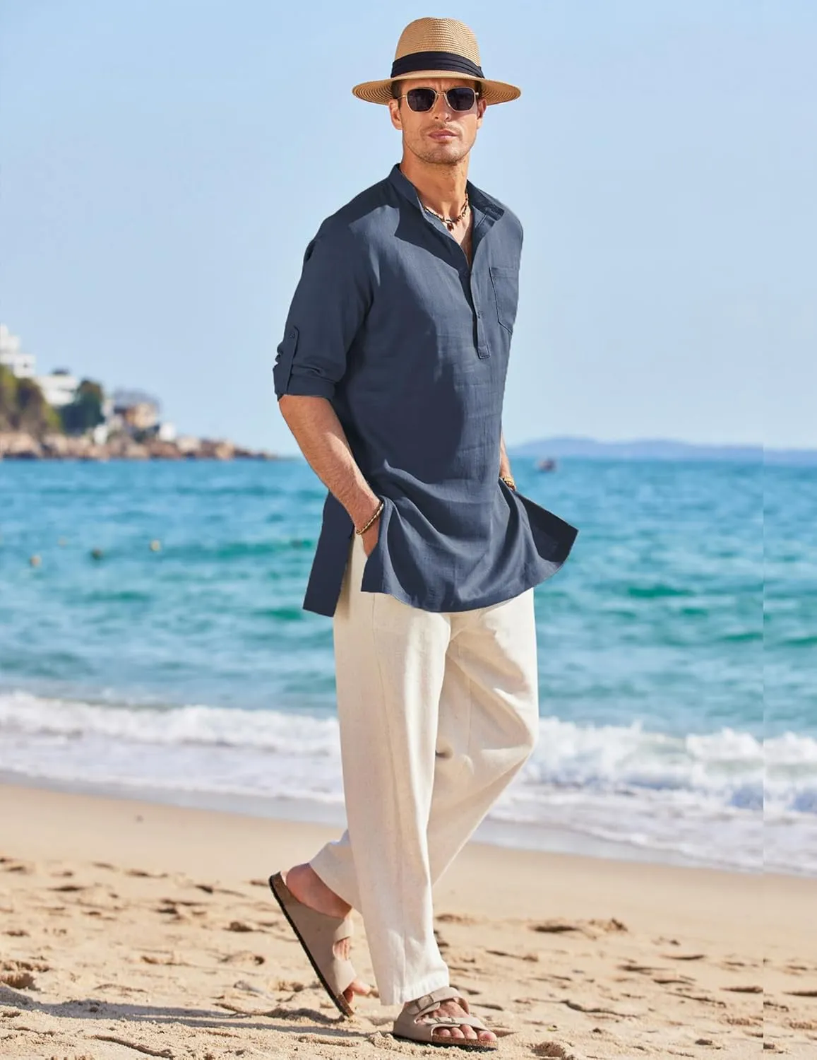 COOFANDY Men's Linen Henley Shirts Long Sleeve Collarless T-Shirts Longline Kurta Beach Shirts with Pocket
