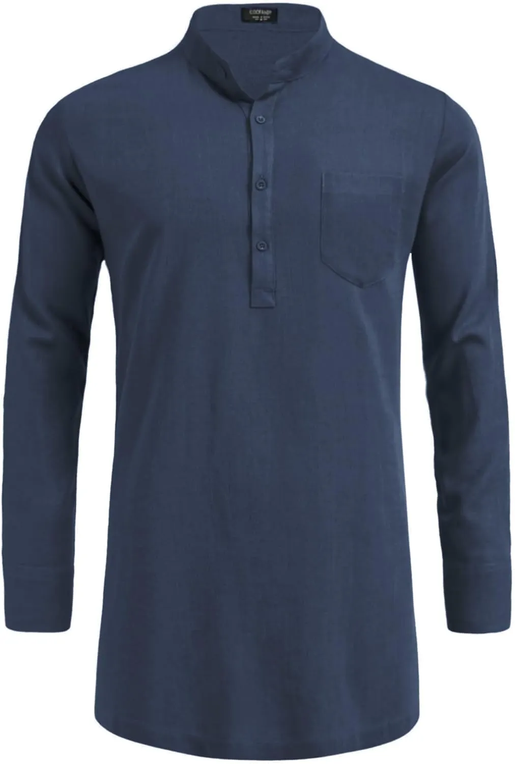 COOFANDY Men's Linen Henley Shirts Long Sleeve Collarless T-Shirts Longline Kurta Beach Shirts with Pocket