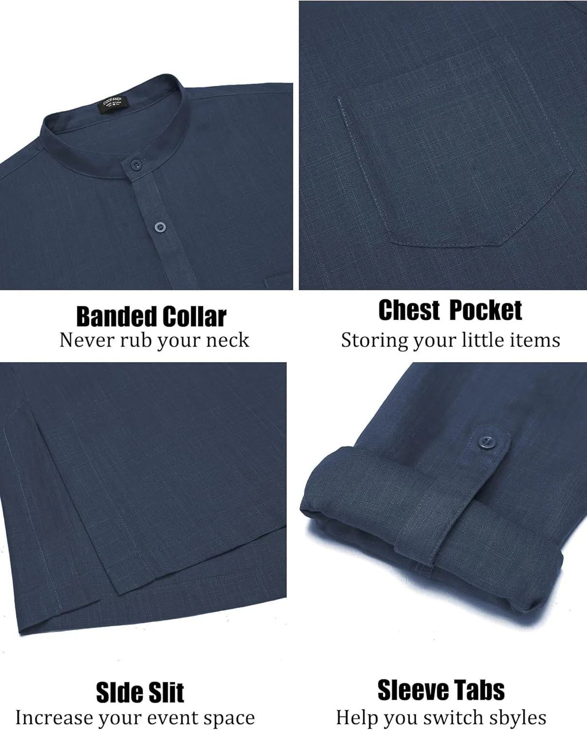 COOFANDY Men's Linen Henley Shirts Long Sleeve Collarless T-Shirts Longline Kurta Beach Shirts with Pocket