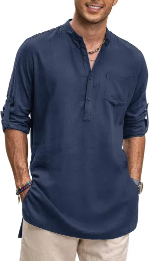 COOFANDY Men's Linen Henley Shirts Long Sleeve Collarless T-Shirts Longline Kurta Beach Shirts with Pocket