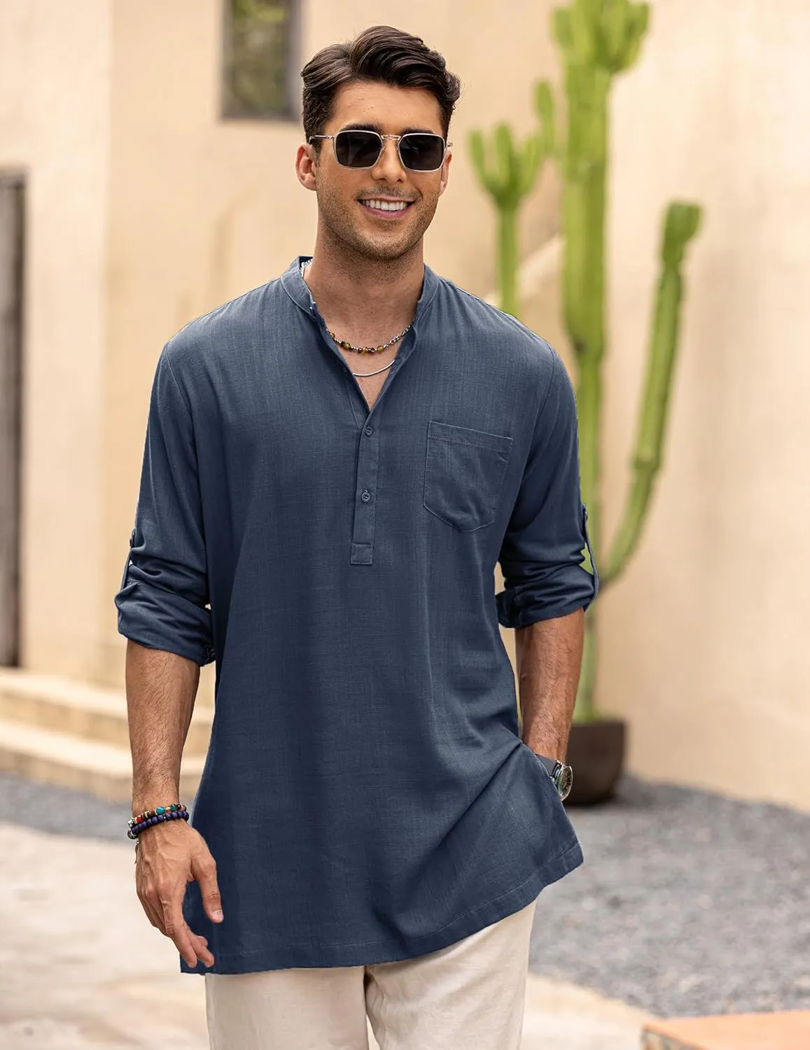 COOFANDY Men's Linen Henley Shirts Long Sleeve Collarless T-Shirts Longline Kurta Beach Shirts with Pocket