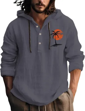 Cotton Linen Shirts for Men Breathable Quick Dry Lace Up Button Down Hooded Pullover Summer Casual Beach Hippie Shirt