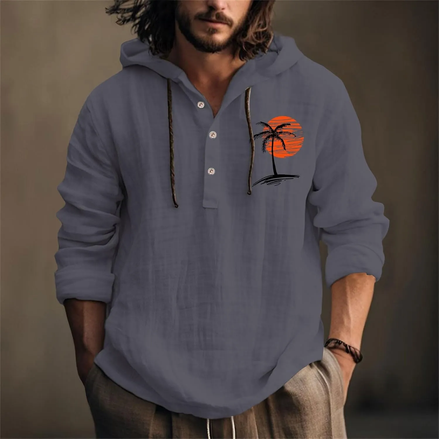 Cotton Linen Shirts for Men Breathable Quick Dry Lace Up Button Down Hooded Pullover Summer Casual Beach Hippie Shirt