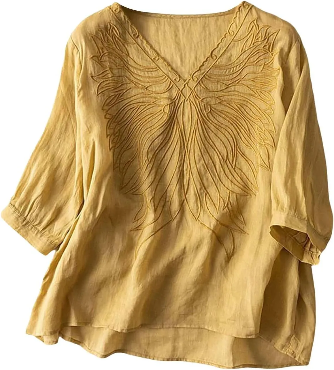 Cotton Linen Shirts for Women 2025 Trendy Summer Floral Embroidered 3/4 Sleeve Flowy Blouse Dressy Casual Boho Tops