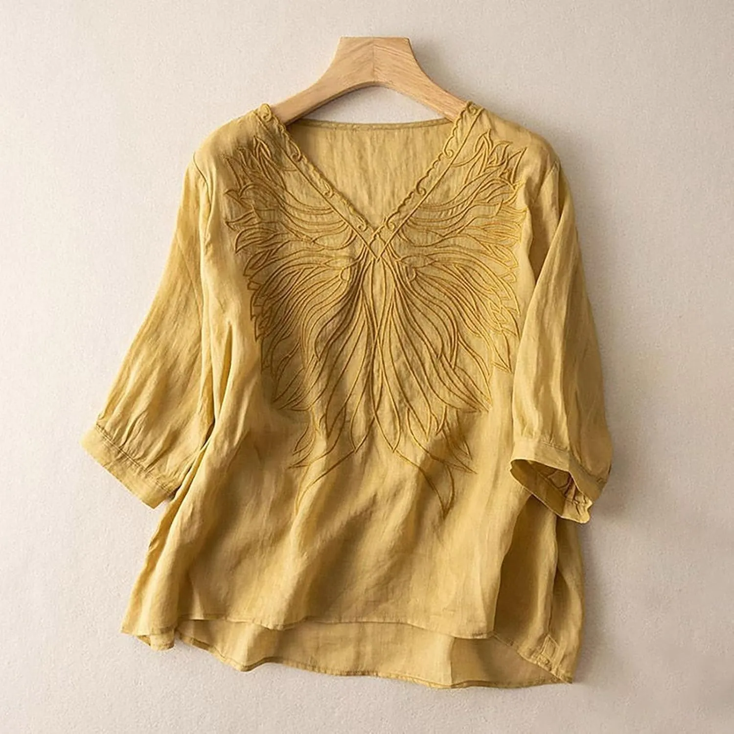 Cotton Linen Shirts for Women 2025 Trendy Summer Floral Embroidered 3/4 Sleeve Flowy Blouse Dressy Casual Boho Tops