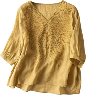 Cotton Linen Shirts for Women 2025 Trendy Summer Floral Embroidered 3/4 Sleeve Flowy Blouse Dressy Casual Boho Tops
