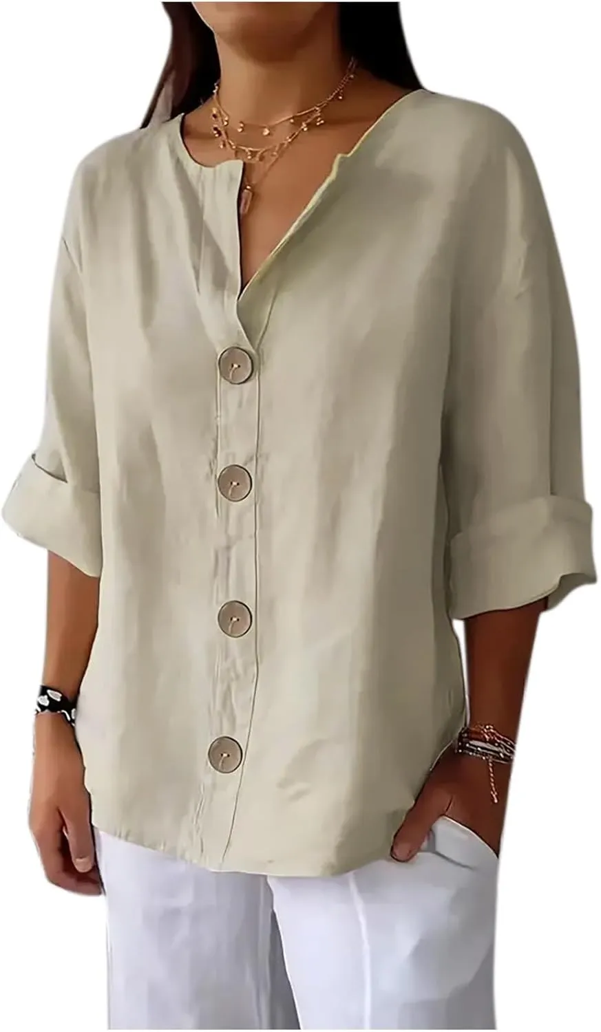 Cotton Linen Shirts for Women Long Sleeve V-Neck Button Down Blouses Solid Color Casual Loose Summer Tops