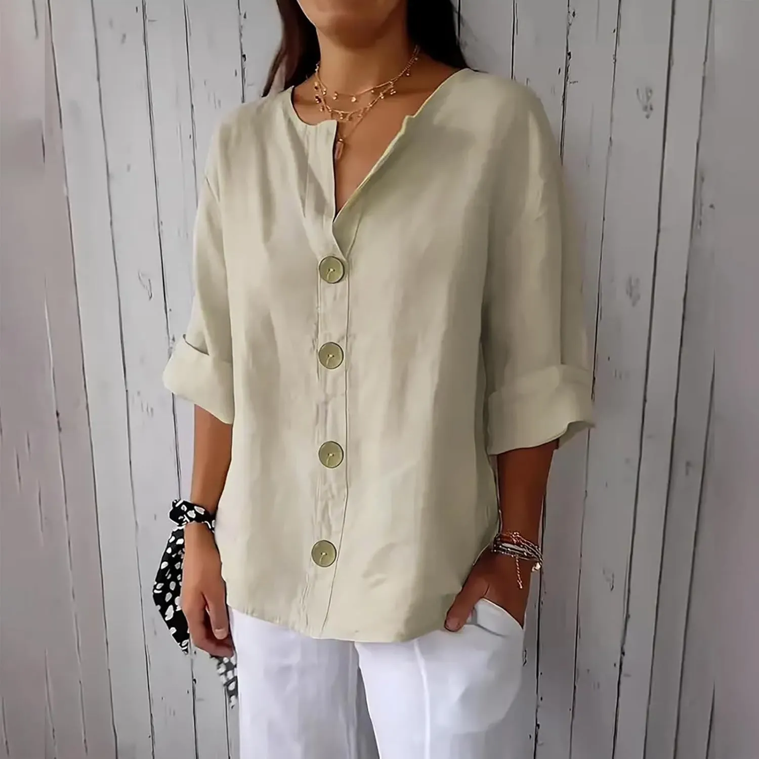 Cotton Linen Shirts for Women Long Sleeve V-Neck Button Down Blouses Solid Color Casual Loose Summer Tops