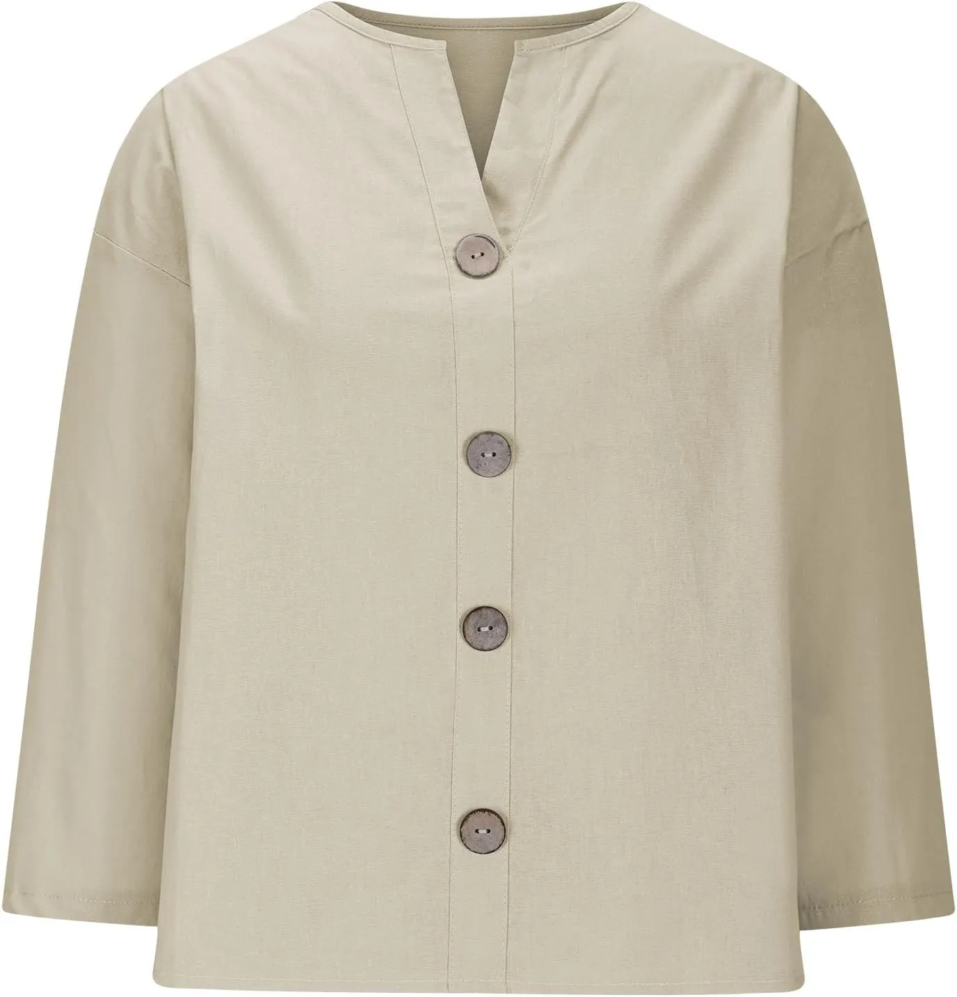 Cotton Linen Shirts for Women Long Sleeve V-Neck Button Down Blouses Solid Color Casual Loose Summer Tops